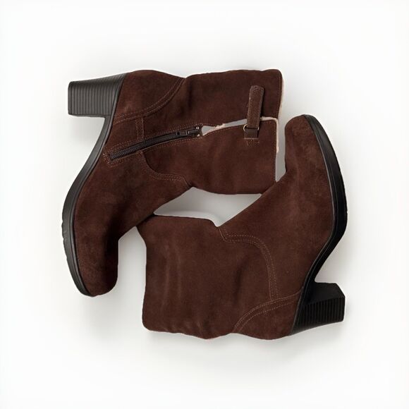 Clark’s Bendables Brown Suede Faux Fur Heeled Boots Ankle Size 8.5 M - Picture 6 of 9